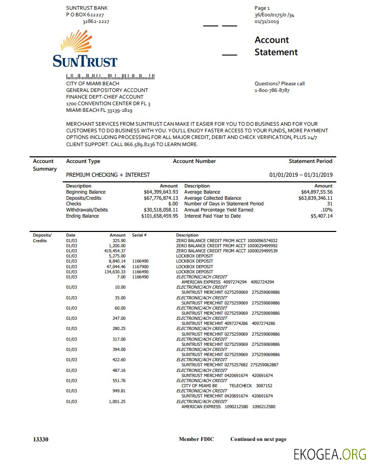 Relevé bancaire SunTrust aux États Unis